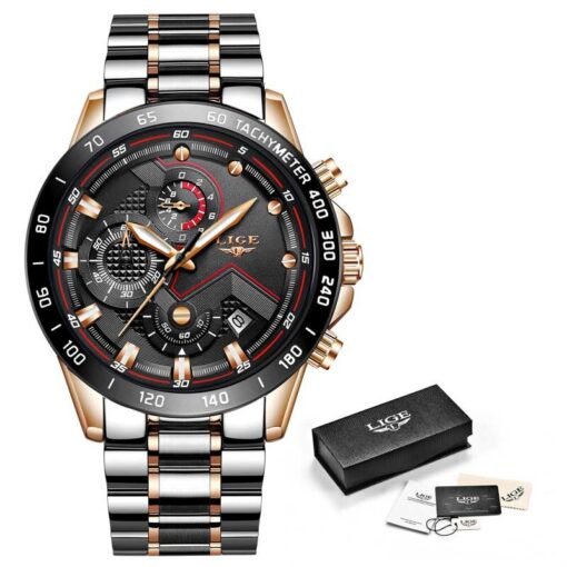 Relógio Masculino LIGE Sports 9982 C/ Pulseira metálica de luxo em aço inoxidável Gold