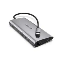 Adaptador UGREEN CM121 USB-C para 3xUSB 3.0 + HDMI + RJ45 + SD/TF Cinzento