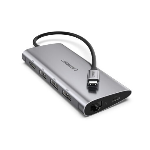 Adaptador UGREEN CM121 USB-C para 3xUSB 3.0 + HDMI + RJ45 + SD/TF Cinzento