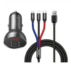 Carregador Isqueiro Baseus c/ Cabo de dados 2 USB/4.8A 24W Preto