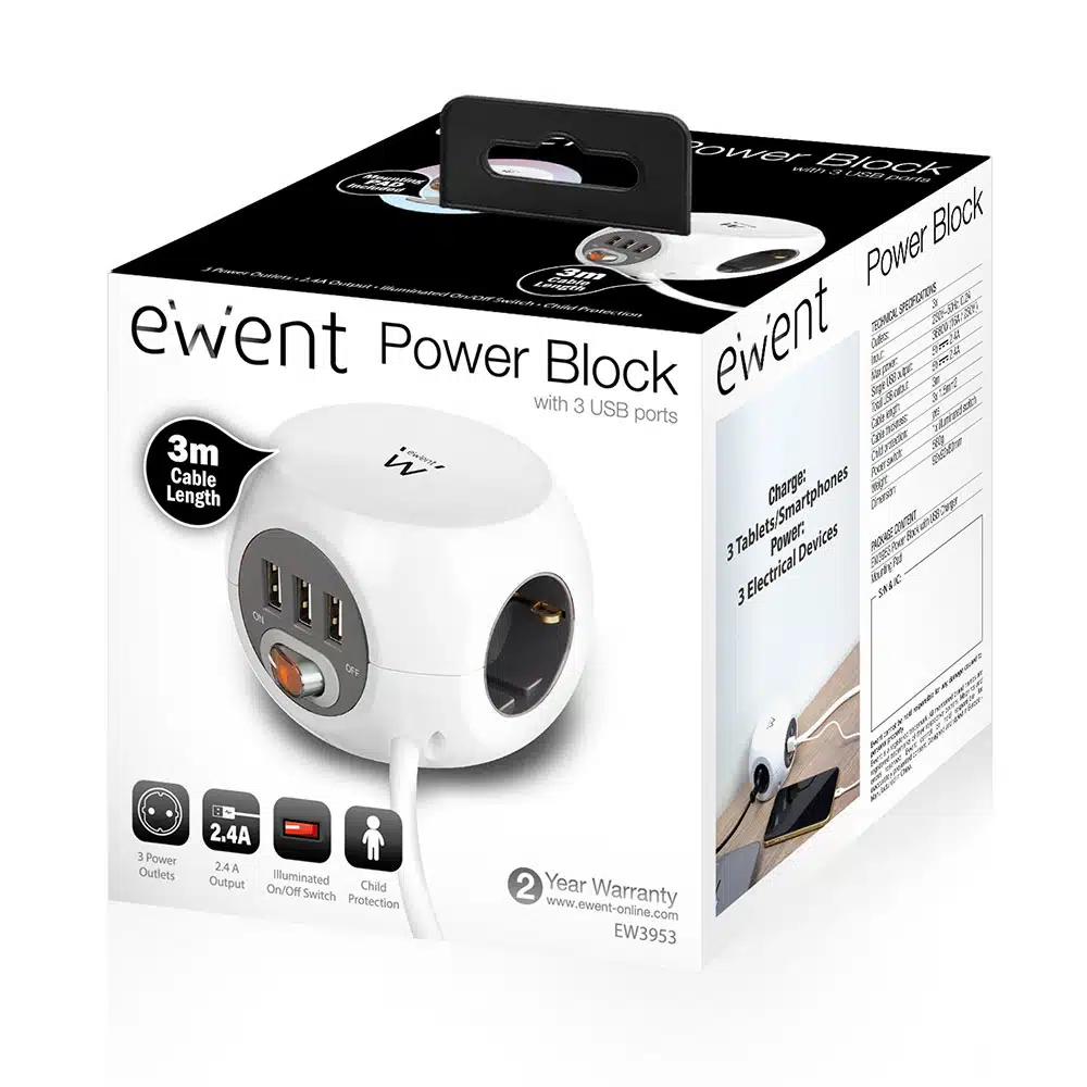 Régua Ewent EW3953 Power Block 3 USB + 3 Tomadas + Cabo 3m Branca - Image 4