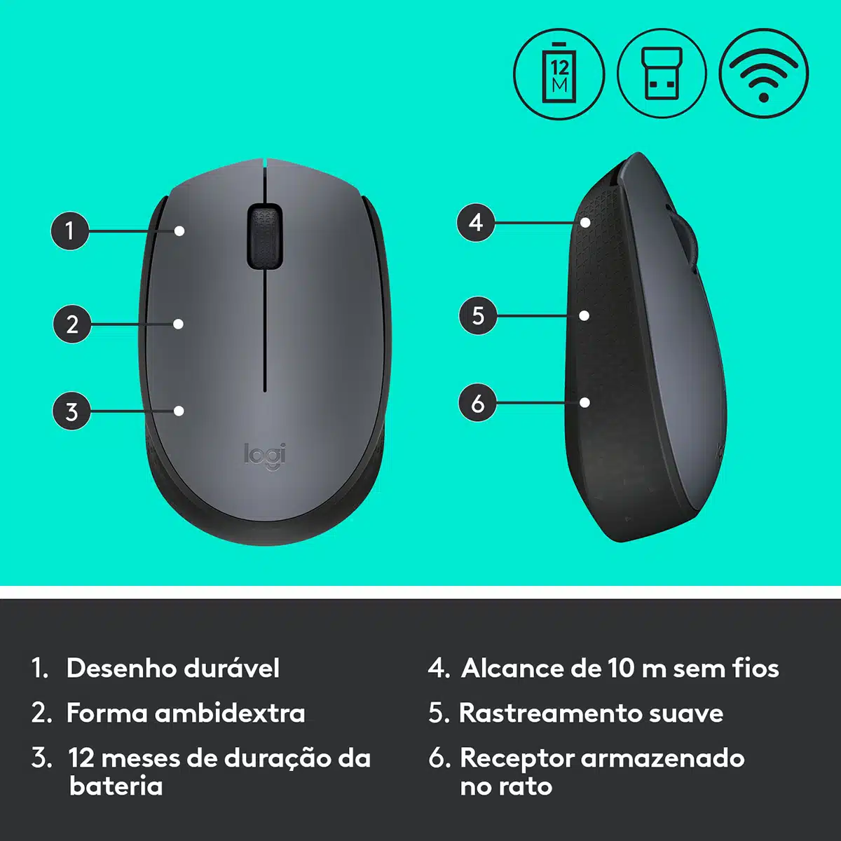 Rato Óptico Logitech M170 Wireless 1000DPI Cinza/Preto - Image 7