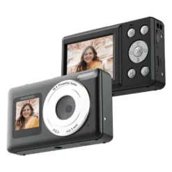 Câmera digital Porodo com tela dupla, zoom digital de 18x, foco automático, visor de tela dupla, ângulo de visão amplo de 75° e resolução 4K Ultra HD - Preta