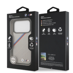 Capa BMW MagSafe em couro PU com logotipos metálicos e listras tricolores inclinadas para iPhone 17 Pro Max