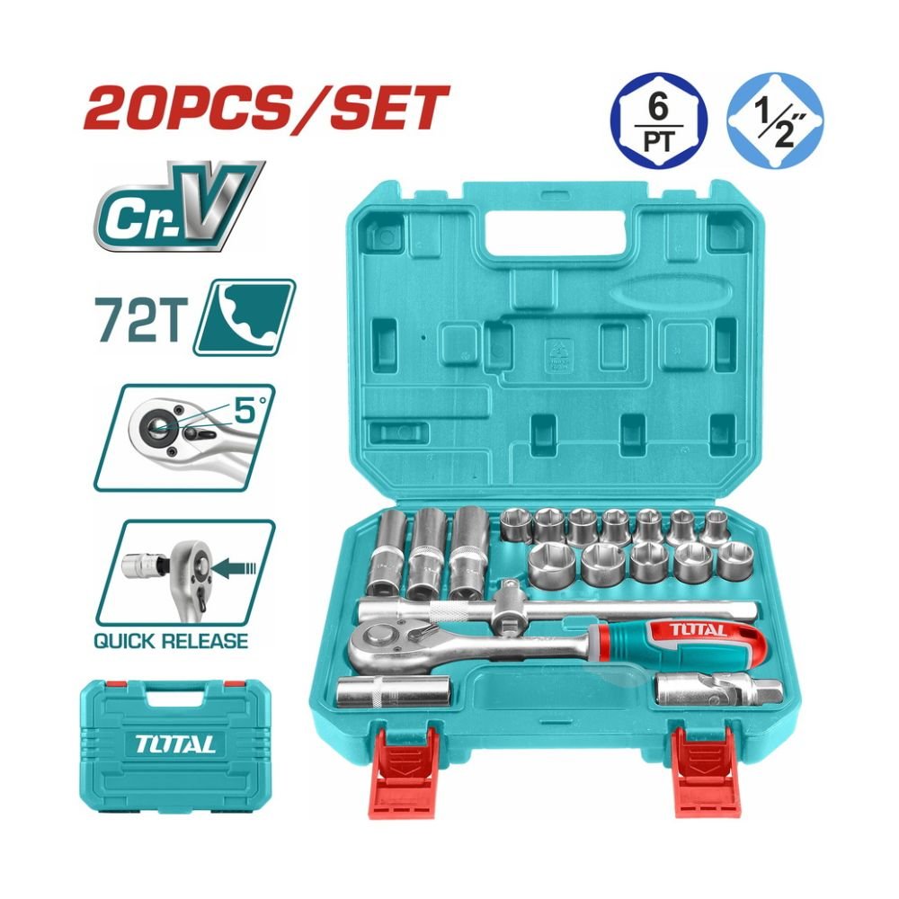 Jogo de Soquetes Total THT121201 com 20 Peças, Tamanho 1/2 Polegada