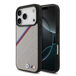 Capa BMW MagSafe em couro PU com logotipos metálicos e listras tricolores inclinadas para iPhone 17 Pro Max