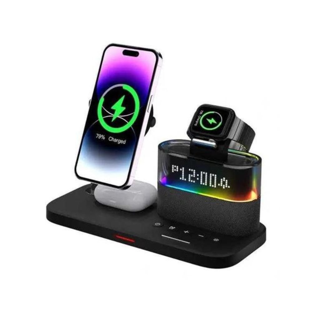 Estação de carregamento sem fio Yesido 6 em 1, 25 W, relógio digital, luz RGB DS37