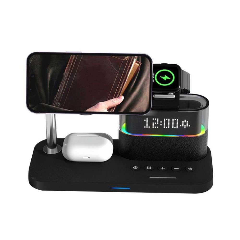 Estação de carregamento sem fio Yesido 6 em 1, 25 W, relógio digital, luz RGB DS37