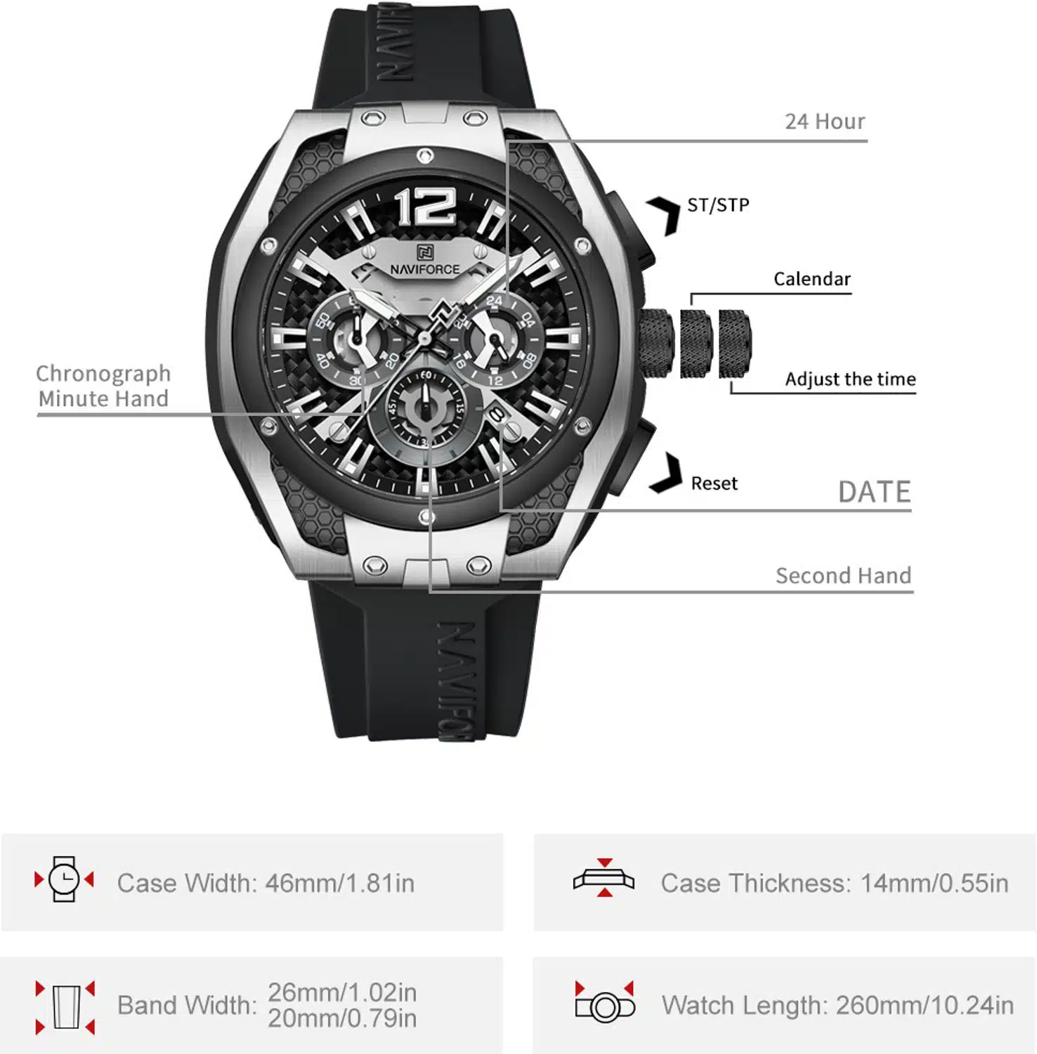 Relógio masculino cronógrafo de quartzo Naviforce NF8063 Black – Resistente à água até 3 ATM (Original) - Image 4