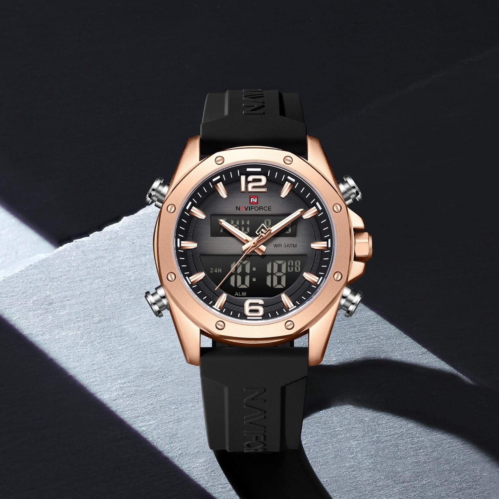 Relógio masculino Naviforce 9264 RoseGold Black com quartzo multifuncional (Original) - Image 2