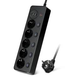Extensão elétrica com 5 tomadas USB tipo C com interruptores, 2 metros de comprimento, 2 portas USB tipo C.
