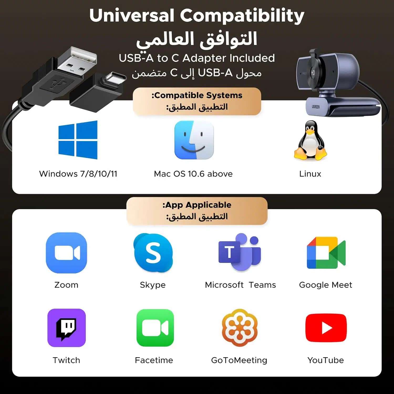 Webcam UGREEN 4K para PC Ultra HD 1080P 60FPS com Microfone