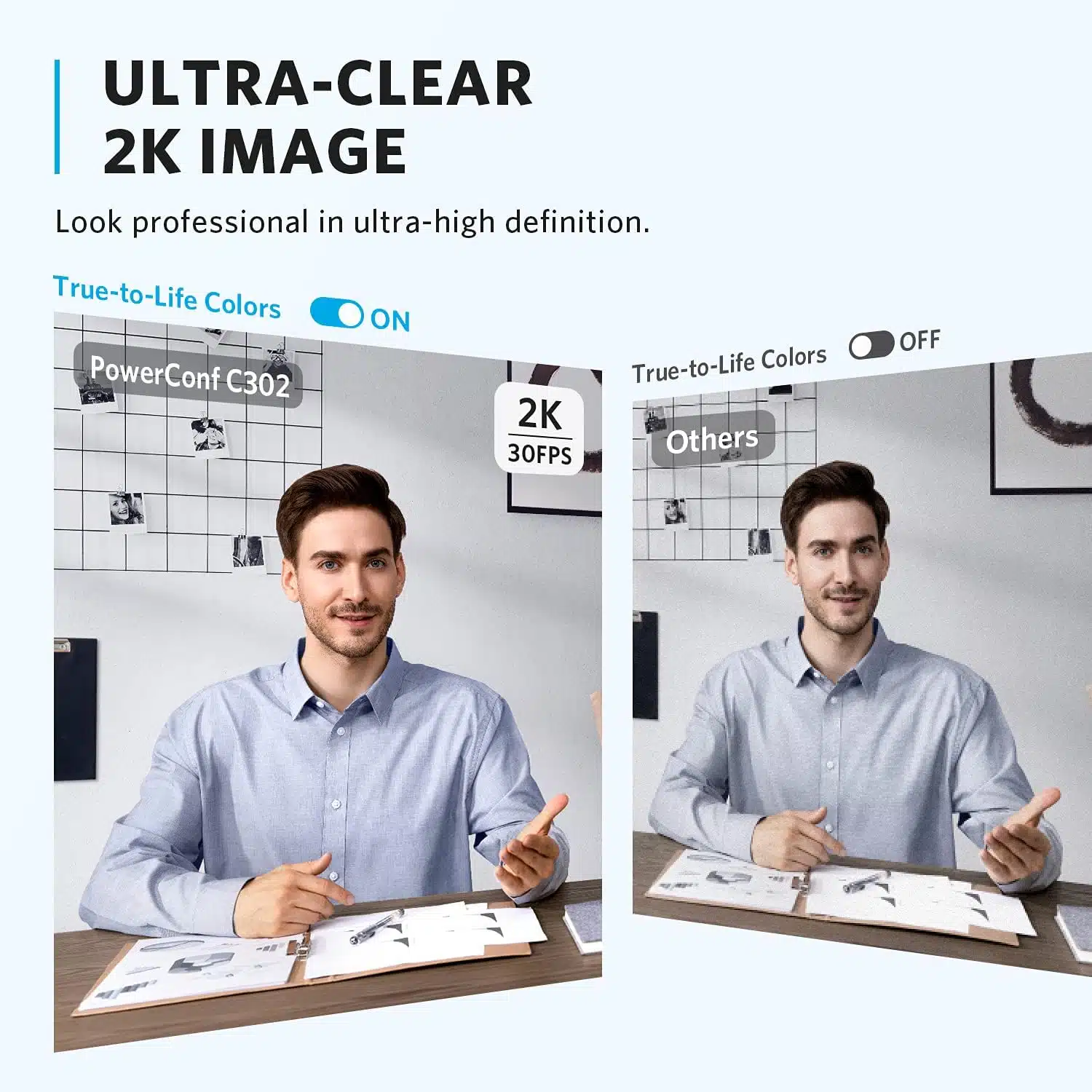 Webcam Anker PowerConf C302 Smart Full HD 2K, USB-C com microfone para PC, cancelamento de ruído, enquadramento e foco automático com IA, campo de visão individual, HDR, 30 FPS, correção de luz para conferências.