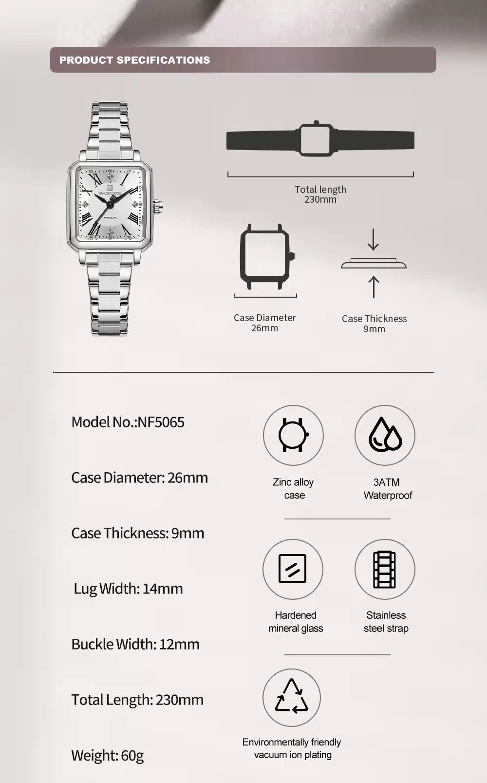Relógio feminino FullSilver Dames Horloge Naviforce NF5065 estilo luxuoso e exclusivo (Original) - Image 12