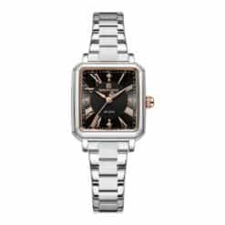 Relógio feminino em aço inoxidável, 26 mm. Mostrador prateado e preto.