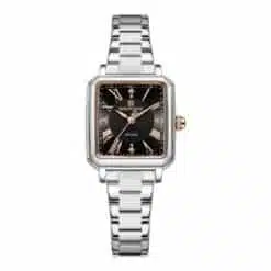 Relógio feminino em aço inoxidável, 26 mm. Mostrador prateado e preto.