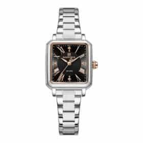 Relógio feminino em aço inoxidável, 26 mm. Mostrador prateado e preto.