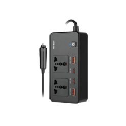 Inversor veicular Green Lion GC-200 com 2 tomadas universais, 2 portas USB-A e 2 portas USB-C, material ABS e PC retardante de chamas, carregamento de múltiplos dispositivos - Preto