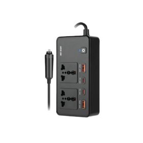 Inversor veicular Green Lion GC-200 com 2 tomadas universais, 2 portas USB-A e 2 portas USB-C, material ABS e PC retardante de chamas, carregamento de múltiplos dispositivos - Preto