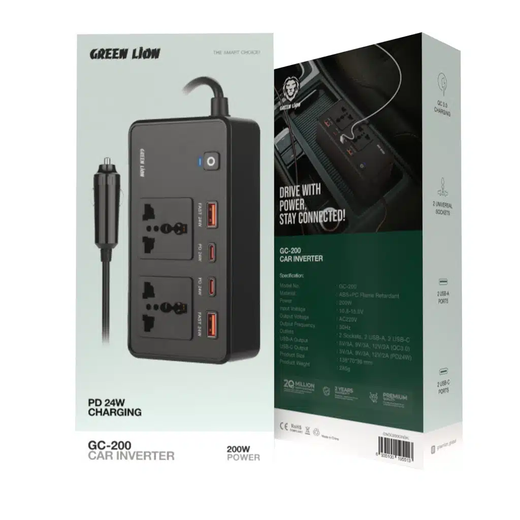 Inversor veicular GC-200 PD 24W, 2 tomadas universais, carregamento QC 3, 2 portas USB-A, retardante de chamas - Preto