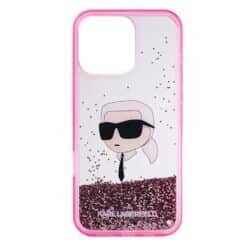 Capa rígida CG Mobile KARL LAGERFELD com glitter líquido e NFT da cabeça do Karl para iPhone 16 Pro Max, perfil fino, proteção contra quedas - Rosa