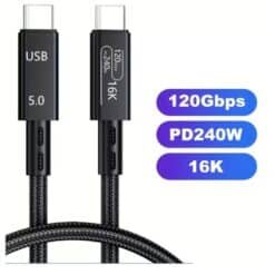 Cabo Thunderbolt 5, 99.97cm USB C para USB C, Carregamento de 240W, Transferência de Dados de 80Gbps, Largura de Banda até 120Gbps, Suporta Monitores 8K/4K, Compatível com iPhone 16, MacBook e Mais (Chip de Autenticação Thunderbolt 5)