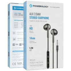 Fones de ouvido estéreo Powerology AUX de 3,5 mm com qualidade de som HD, design intra-auricular, cabo de 1,2 m, compatível com assistente de voz e botão de controle integrado - Preto