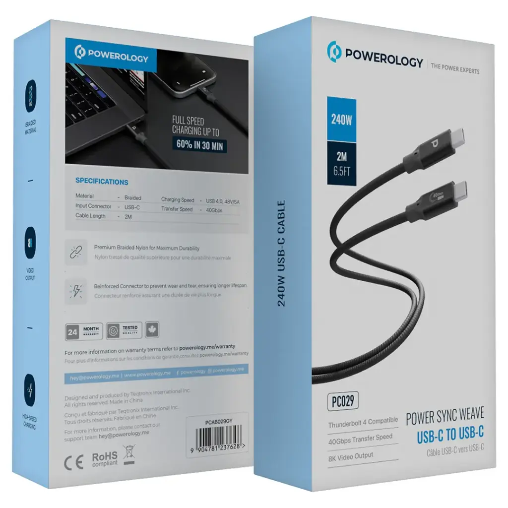 Cabo Powerology Power Sync Weave 240W USB-C para USB-C de 2m - Cinza