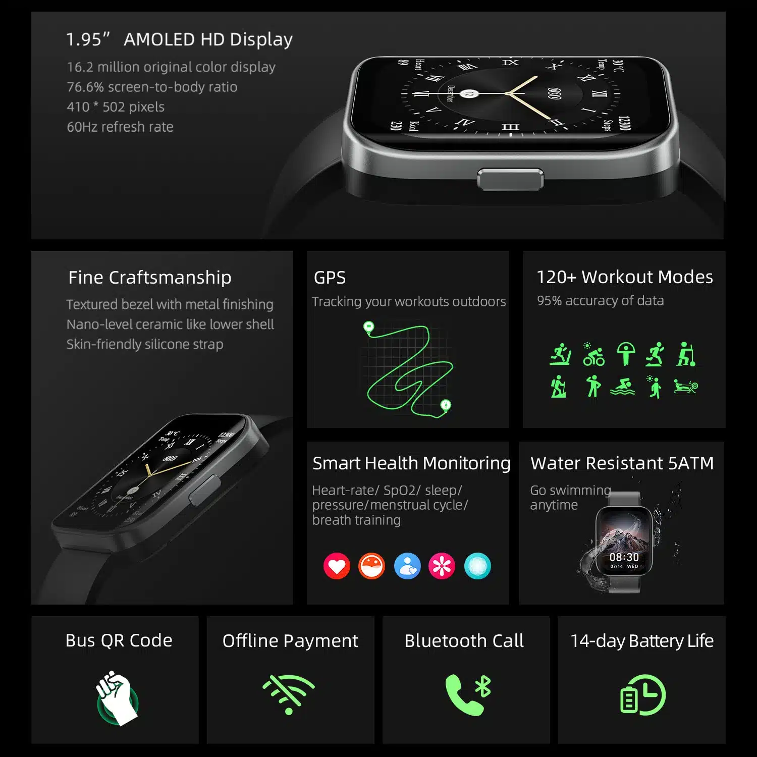 Smartwatch QCY Urban GS Com Gps Bluetooth AmoLED 1.95" até 14 Dias - Preto - Image 12