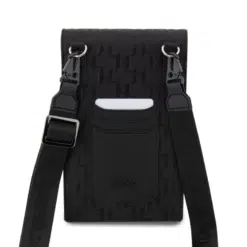 Carteira Karl Lagerfeld Saffiano Mono Ikonik com logotipo NFT, alça de ombro ajustável, vários compartimentos, 3 espaços para cartões, resistente à água - Preta