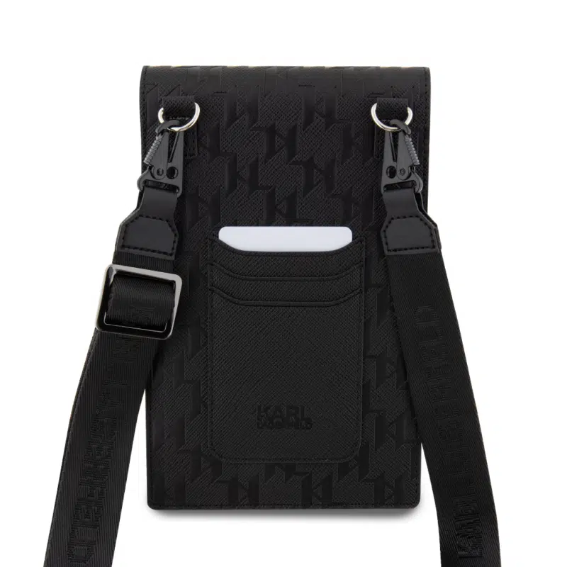 Carteira Karl Lagerfeld Saffiano Mono Ikonik com logotipo NFT, alça de ombro ajustável, vários compartimentos, 3 espaços para cartões, resistente à água - Preta