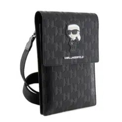 Carteira Karl Lagerfeld Saffiano Mono Ikonik com logotipo NFT, alça de ombro ajustável, vários compartimentos, 3 espaços para cartões, resistente à água - Preta