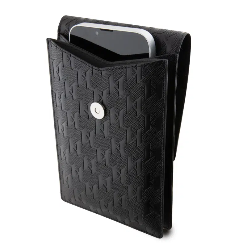 Carteira Karl Lagerfeld Saffiano Mono Ikonik com logotipo NFT, alça de ombro ajustável, vários compartimentos, 3 espaços para cartões, resistente à água - Preta
