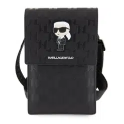 Carteira Karl Lagerfeld Saffiano Mono Ikonik com logotipo NFT, alça de ombro ajustável, vários compartimentos, 3 espaços para cartões, resistente à água - Preta
