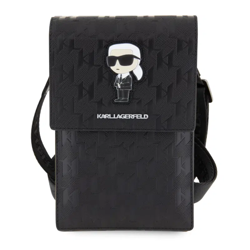 Carteira Karl Lagerfeld Saffiano Mono Ikonik com logotipo NFT, alça de ombro ajustável, vários compartimentos, 3 espaços para cartões, resistente à água - Preta