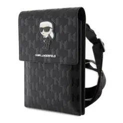 Carteira Karl Lagerfeld Saffiano Mono Ikonik com logotipo NFT, alça de ombro ajustável, vários compartimentos, 3 espaços para cartões, resistente à água - Preta