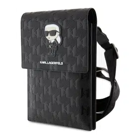 Carteira Karl Lagerfeld Saffiano Mono Ikonik com logotipo NFT, alça de ombro ajustável, vários compartimentos, 3 espaços para cartões, resistente à água - Preta