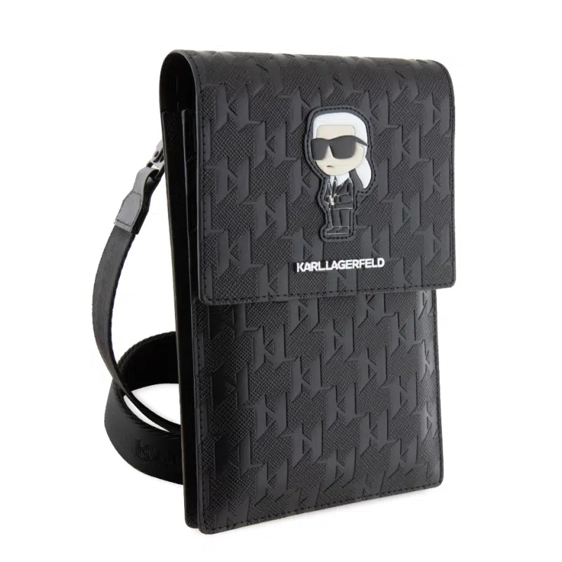 Carteira Karl Lagerfeld Saffiano Mono Ikonik com logotipo NFT, alça de ombro ajustável, vários compartimentos, 3 espaços para cartões, resistente à água - Preta