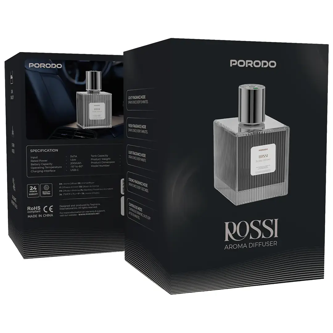 Difusor de aromas para Casa e carro Porodo Rossi 500ml recarregável via USB-C com 5 modos de pulverização - Image 2