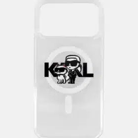 Capa Karl Lagerfeld transparente para iPhone 17 Pro MagSafe IML com glitter e cabeças de Karl e Choupette