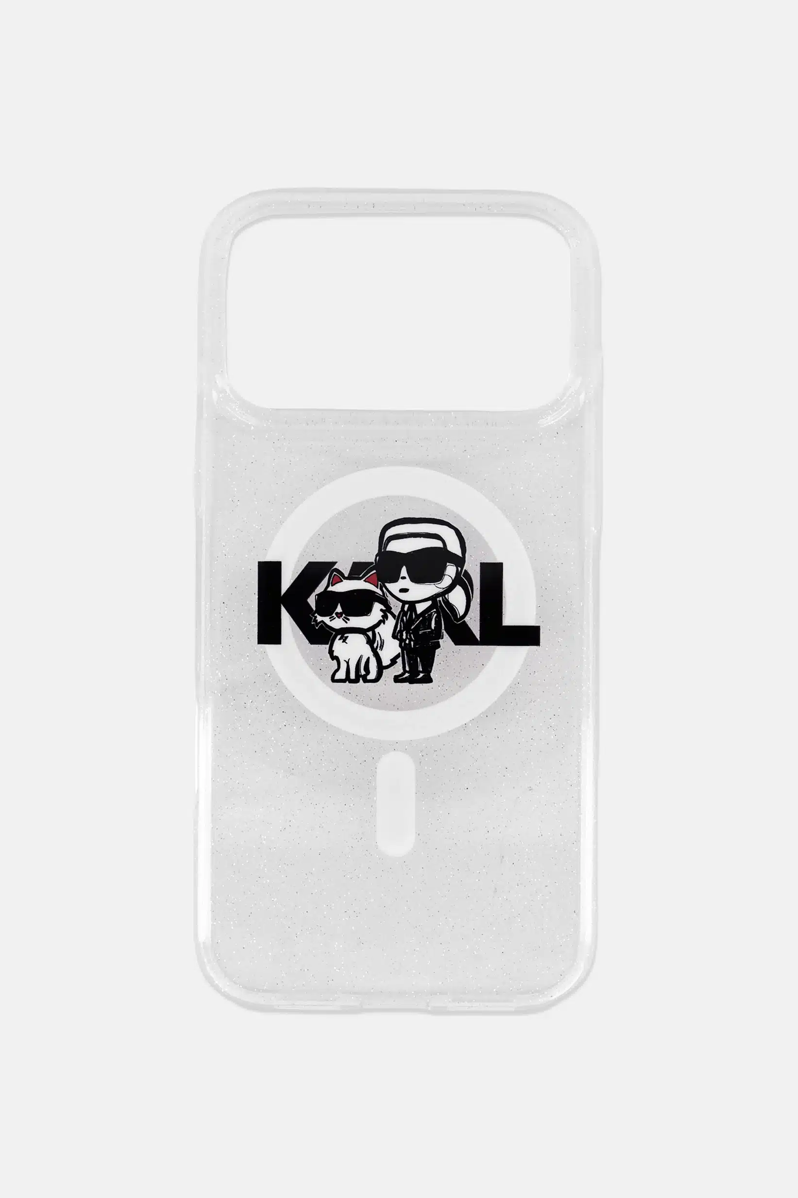 Capa Karl Lagerfeld transparente para iPhone 17 Pro MagSafe IML com glitter e cabeças de Karl e Choupette