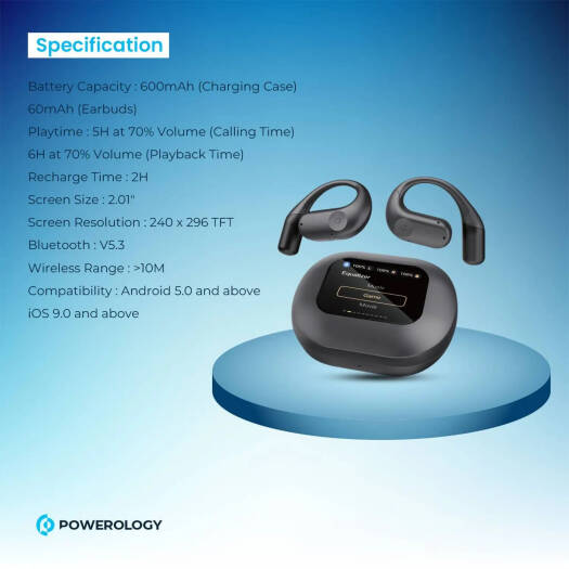 Auriculares Bluetooth Air Conduction ENC TWS e estojo de carregamento com visor, bateria de 60mAh Powerology - Preto - Image 10