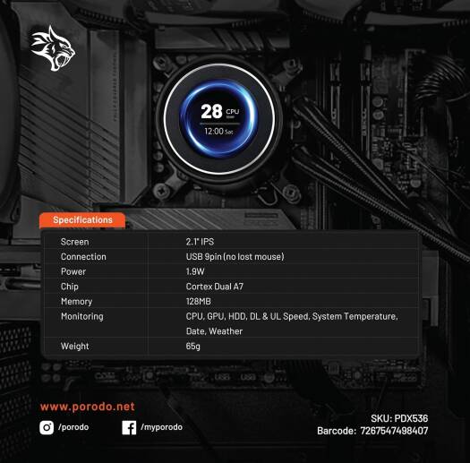Mini tela de informações inteligente Porodo Gaming de 2,1" com fita adesiva 3M - Preta