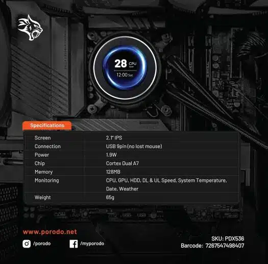 Mini tela de informações inteligente Porodo Gaming de 2,1" com fita adesiva 3M - Preta