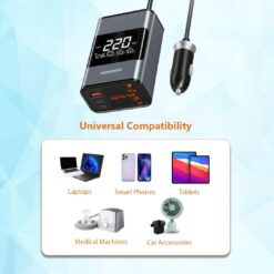 Inversor de energia para carro 200W  PD 36W, 2 portas USB-C, portas USB-A, saída CA - Porodo - Image 3