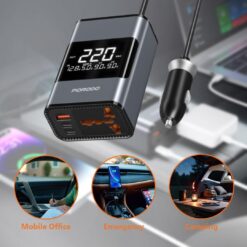 Inversor de energia para carro 200W  PD 36W, 2 portas USB-C, portas USB-A, saída CA - Porodo - Image 5