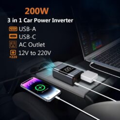 Inversor de energia para carro 200W  PD 36W, 2 portas USB-C, portas USB-A, saída CA - Porodo - Image 6