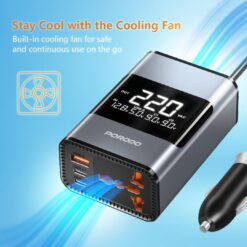 Inversor de energia para carro 200W  PD 36W, 2 portas USB-C, portas USB-A, saída CA - Porodo - Image 7
