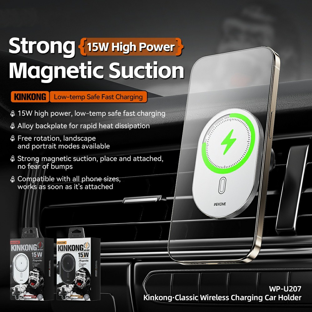 Carregador sem fio WEKOME com suporte magnético para carro carregamento rápido de 15W 360º - Preto - Image 2