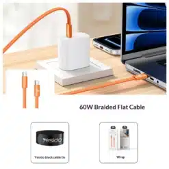 Alternative view of Cabo plano trançado de 60 W, tipo C para tipo C, para carregamento rápido e transferência de dados - Laranja